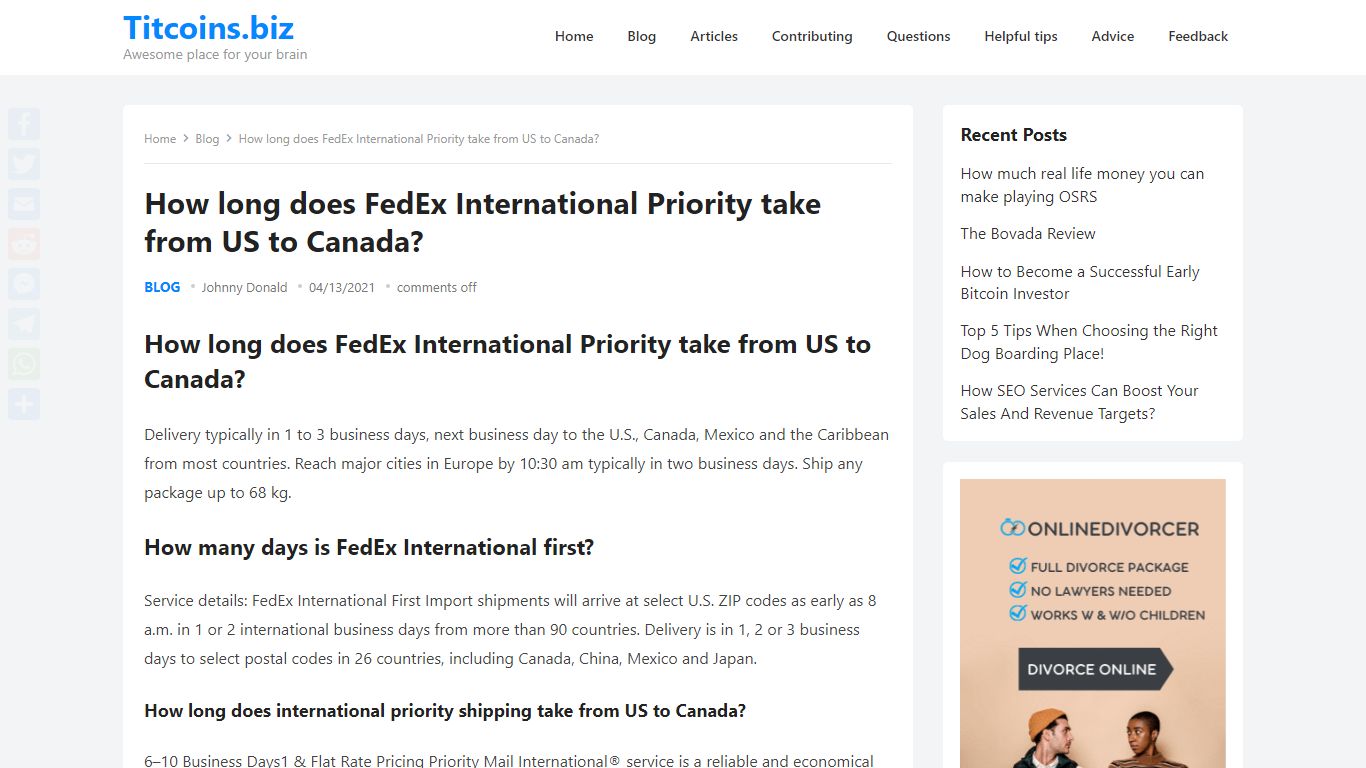 How long does FedEx International Priority take from US to Canada ...